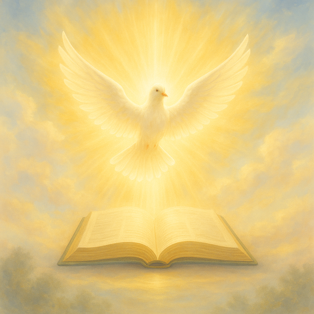 Illustration of a dove above an open Bible in warm light